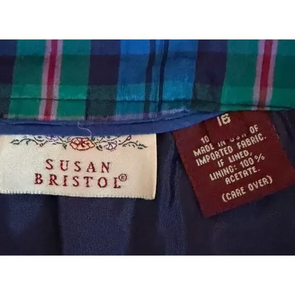 Vintage Susan Bristol 100% Silk Skirt Size 16 Plaid Pleated Blue Tartan Preppy - Picture 4 of 10